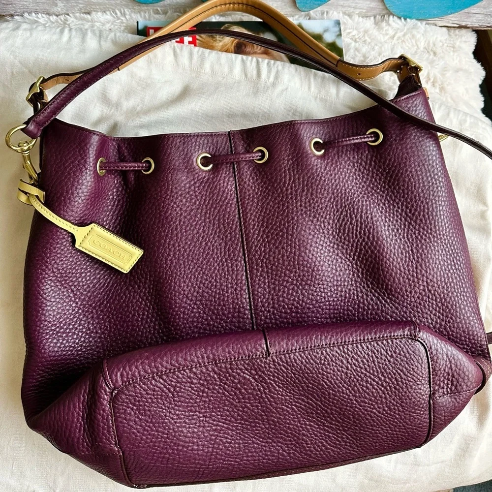 COACH EGGPLANT DRAWSTRING PEBBLED LEATHER BUCKET HOBO BAG